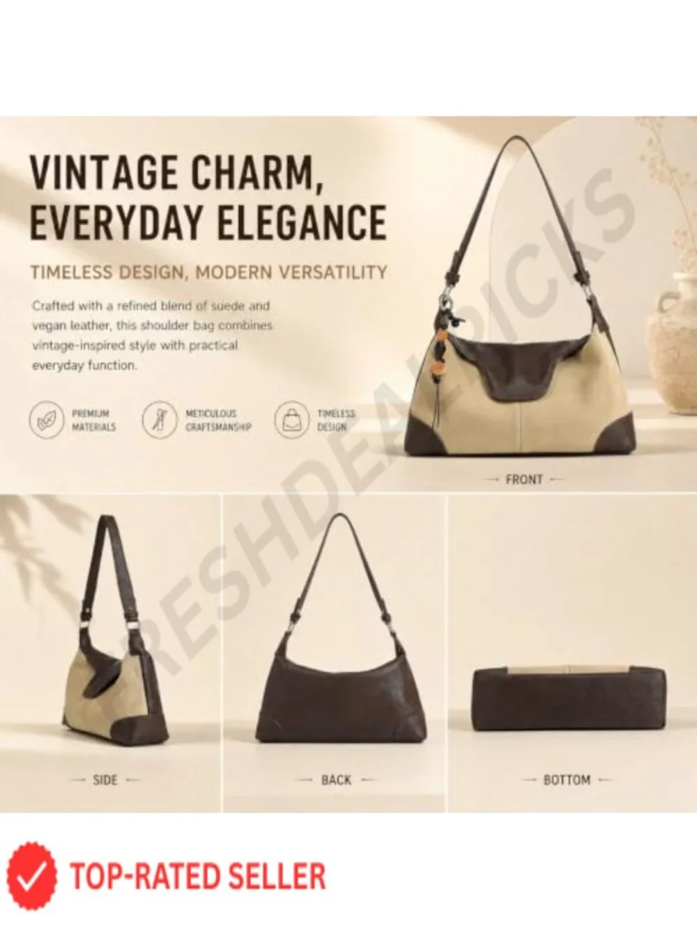 Suede Crescent Crossbody Bag with Tassel Charm, Lightweight Faux Suede Shoulder